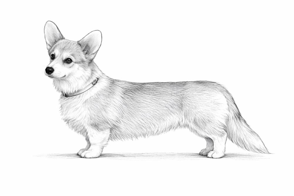 The Corgi — a long, low dog with a deep chest, seen in side profile