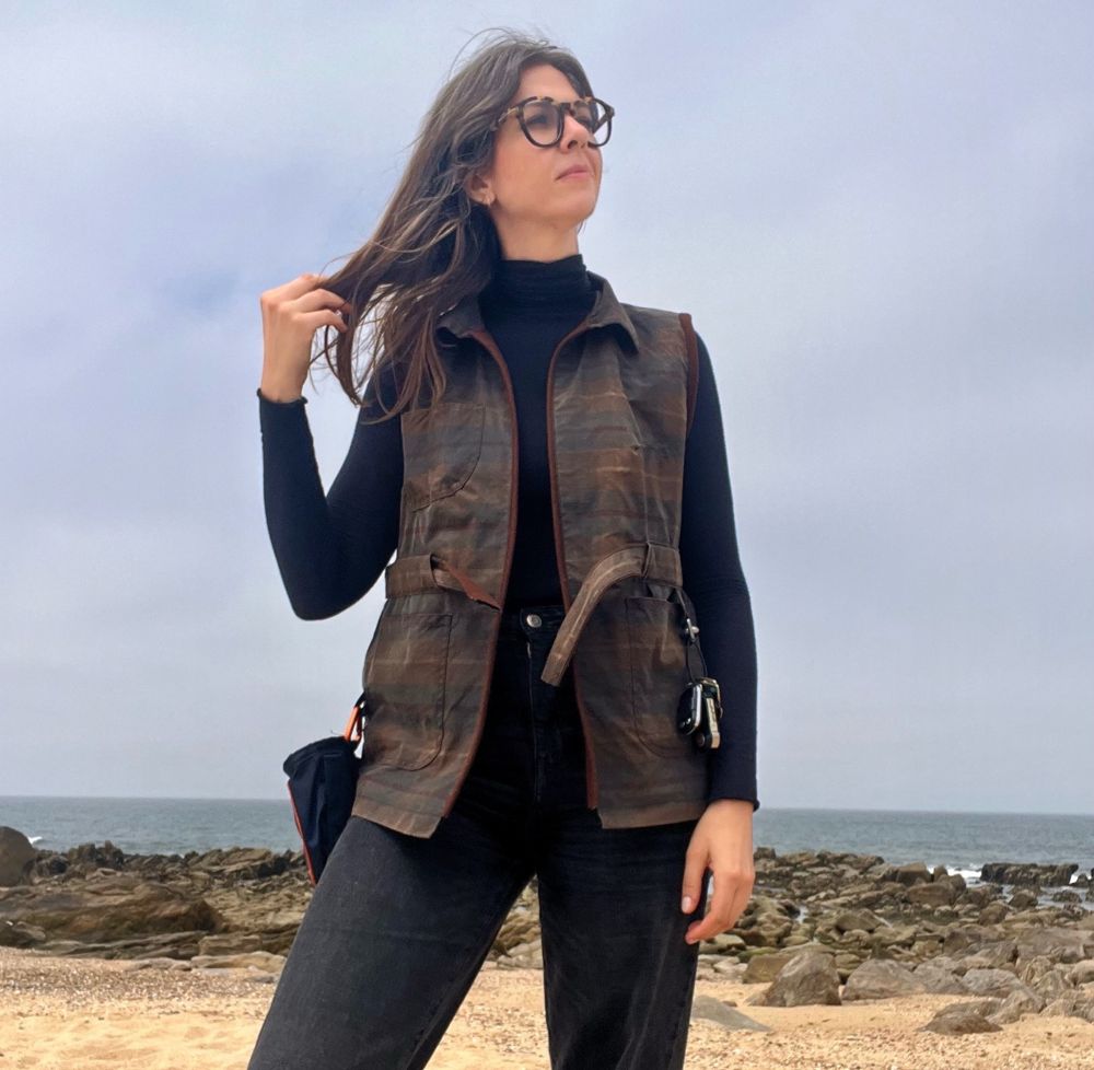 The Gilet worn open, brown