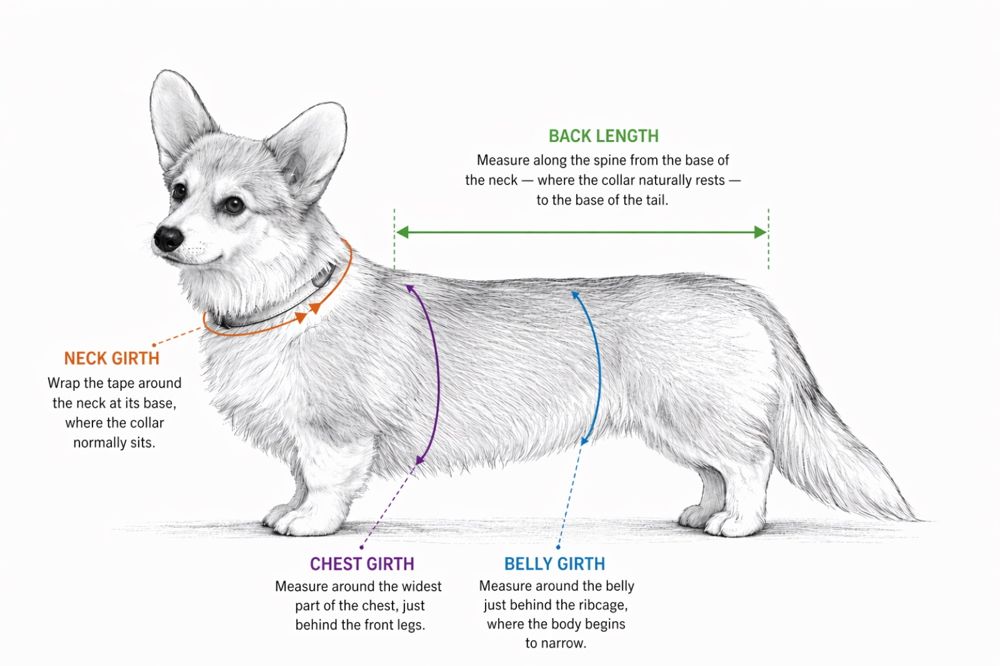 Diagram of a dog in side profile showing where to take each measurement: back length, neck girth, chest girth and belly girth